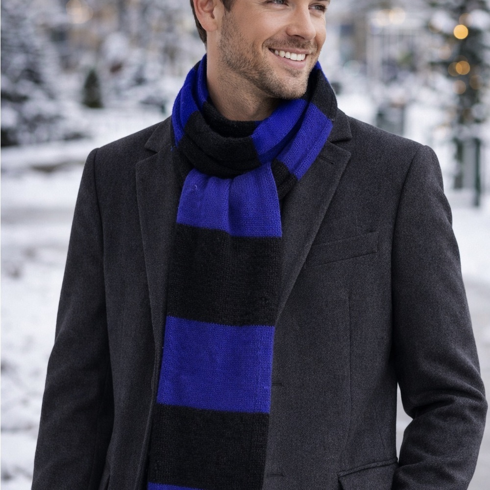 Gap Blue Black Striped Lambswool Knit Scarf